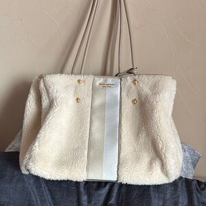 Kate Spade Cream Tote Bag Racing Stripe Faux Sheepskin